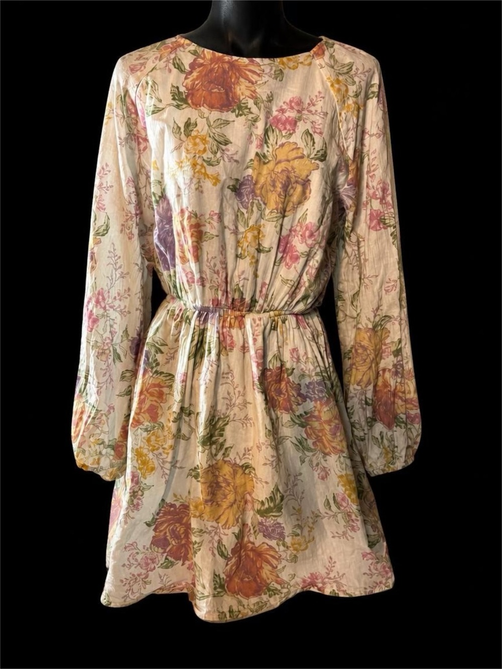 Floral Long-Sleeve Elastic Waist Mini Dress -size small but lots stretch